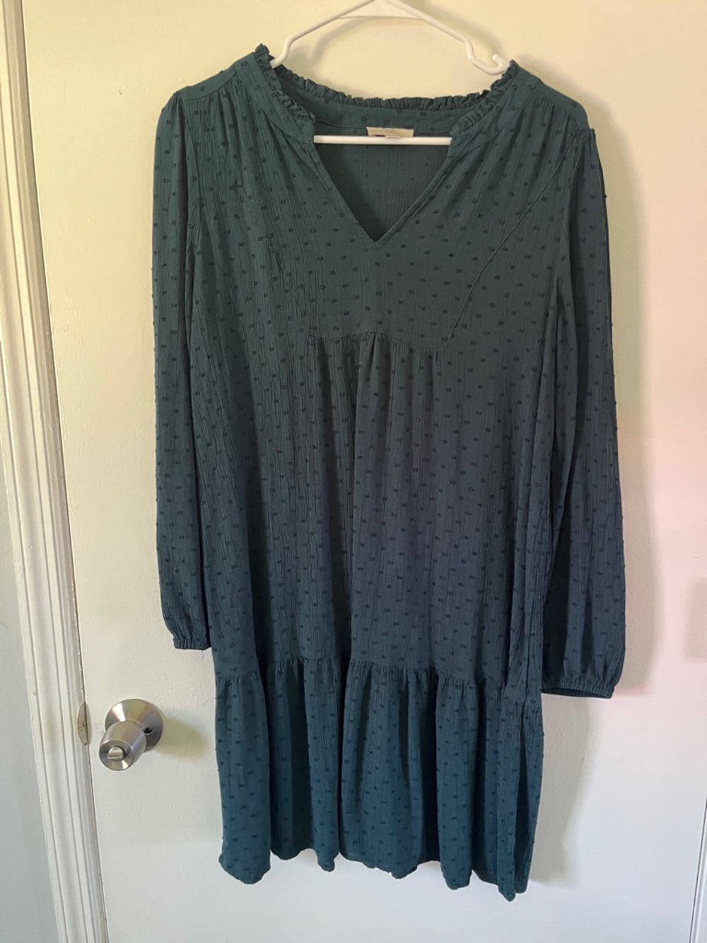 LOFT Teal Swiss Dot Long-Sleeve V-Neck Tiered Dress